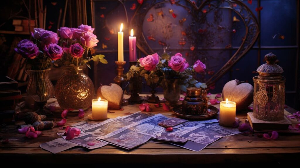 A mystical and romantic scene under a softly glowing moon, showcasing a heart-shaped arrangement of Tarot cards