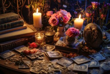 Does He Love Me Tarot Cards. A mystical and romantic scene under a softly glowing moon, showcasing a heart-shaped arrangement of Tarot cards, each beautifully adorned with symbols of love such as intertwined roses, delicate hearts, and Cupid's arrows.