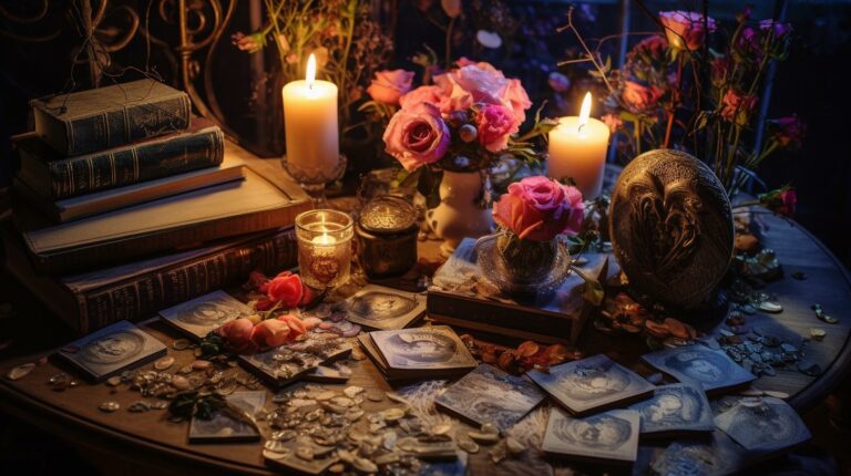 Does He Love Me Tarot Cards. A mystical and romantic scene under a softly glowing moon, showcasing a heart-shaped arrangement of Tarot cards, each beautifully adorned with symbols of love such as intertwined roses, delicate hearts, and Cupid's arrows.